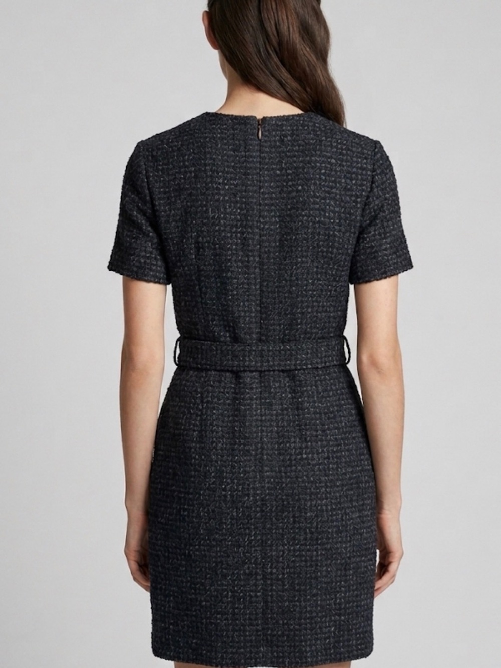 Zara NWT Belted Tweed Mini Dress Large Navy Gray Textured Short Sleeve - Picture 2 of 9